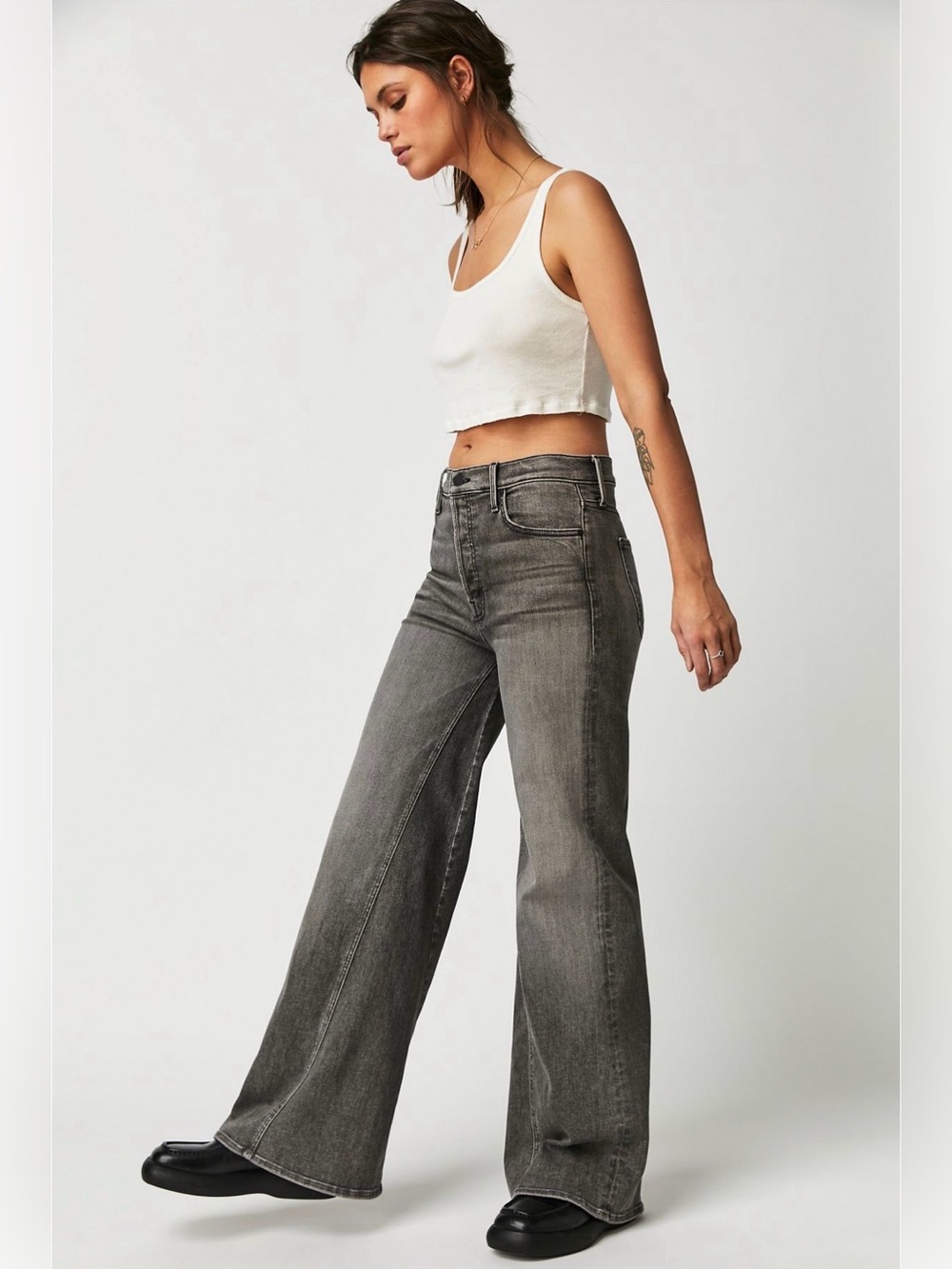 MOTHER The Enchanter Sneak Jeans Wide-Leg High-Rise in Washed Black NWT size 29